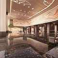 Luxurious Modern Hotel Lobby Interior With Ornate Ceiling Wavy Wall Panel And Polished Marble Flooring