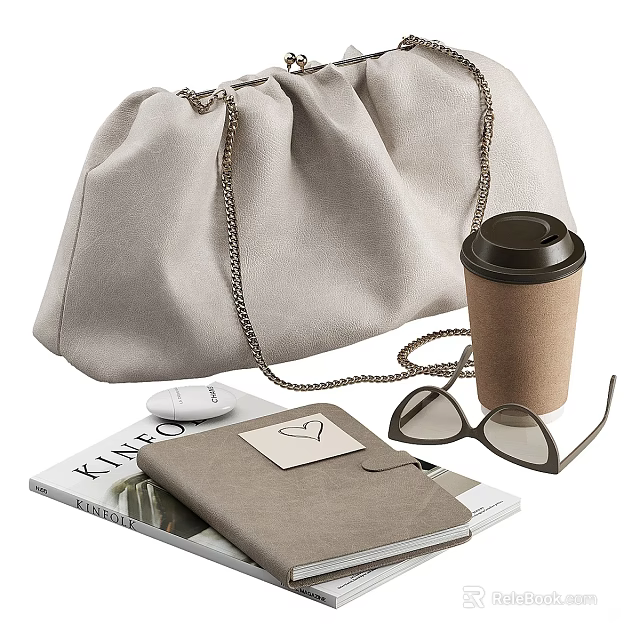 Modern Decorative Accessory Set With Beige Bag Coffee Cup Sunglasses Notebook And Magazine 3d model 