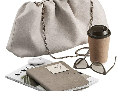 Modern Decorative Accessory Set With Beige Bag Coffee Cup Sunglasses Notebook And Magazine 3d model