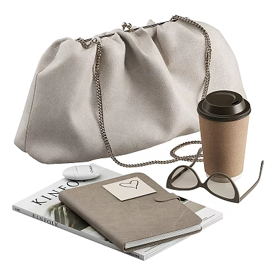 Modern Decorative Accessory Set With Beige Bag Coffee Cup Sunglasses Notebook And Magazine 3d model