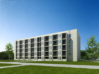 Multi Story School Building With Light Colored Brick Exterior Green Lawns Trees And Blue Sky 3d model