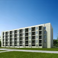 Multi Story School Building With Light Colored Brick Exterior Green Lawns Trees And Blue Sky
