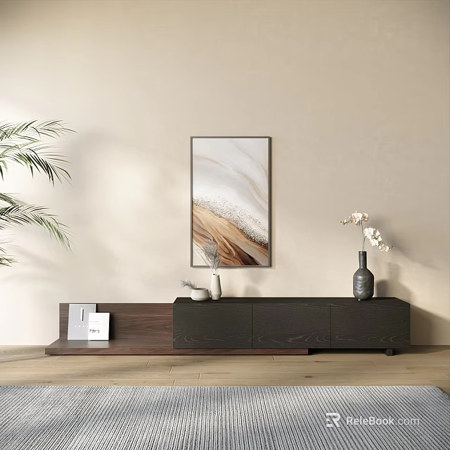 Modern TV Stand With Framed Artwork Vases And Green Plant Decor 3d model 