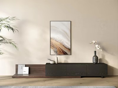 Modern TV Stand With Framed Artwork Vases And Green Plant Decor 3d model