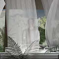 Serene Patio Garden View With White Sheer Curtains Silhouette And Green Plants