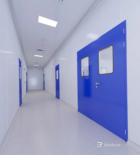Elevator Hallway Interior With Blue Doors White Walls Ceiling Lights And Light Colored Floor 3d model