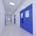 Elevator Hallway Interior With Blue Doors White Walls Ceiling Lights And Light Colored Floor 3d model