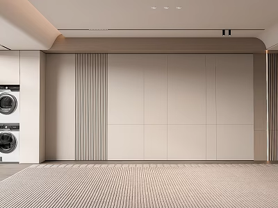 Modern Laundry Room Light Colored Background Wall With Vertical Stripe Decoration And Striped Carpet 3d model