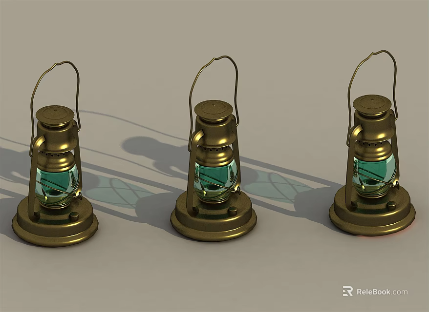 Vintage Brass Candle Lanterns With Green Glass Shades And Handle Design 3d model 