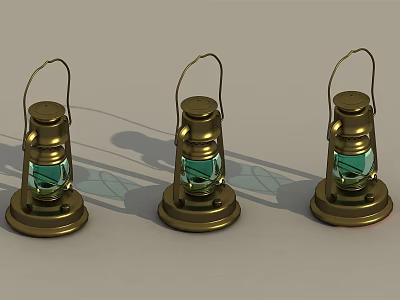 Vintage Brass Candle Lanterns With Green Glass Shades And Handle Design 3d model