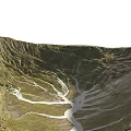 Crater Shaped Circular Rockery Stone With Textured Surface Green Vegetation And White Pathways