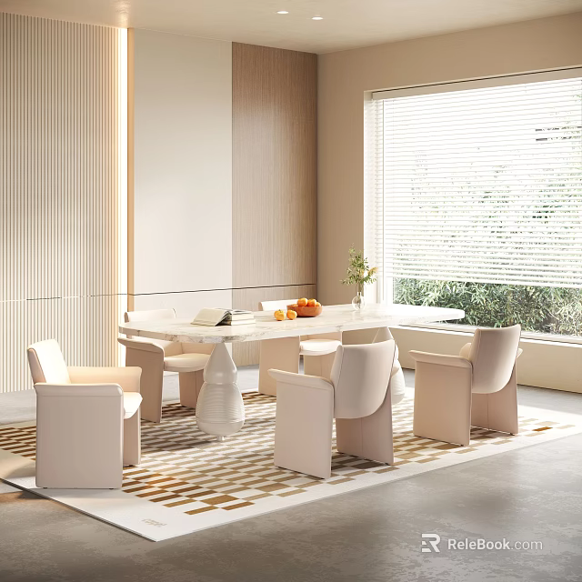 Modern Dining Table Set With Beige Chairs Patterned Rug By Window And Potted Plant 3d model