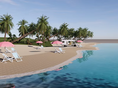 Tropical Garden Landscape with Beach Water Palm Trees Deck Chairs and Pink Umbrellas 3d model