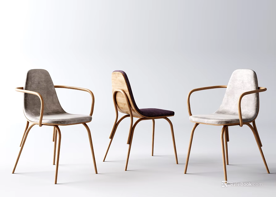 Modern Dining Chairs With Wooden Frame Armrests And Fabric Upholstered Seats In Neutral Hues 3d model 