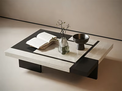 Modern Coffee Table With Black White Geometric Design Open Book Clear Vase And Metal Bowl 3d model