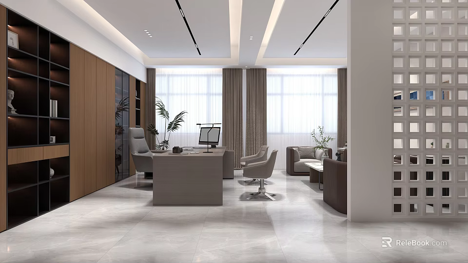 Modern Office Interior Design With Desk Chairs Sofa Large Windows And Plants 3d model