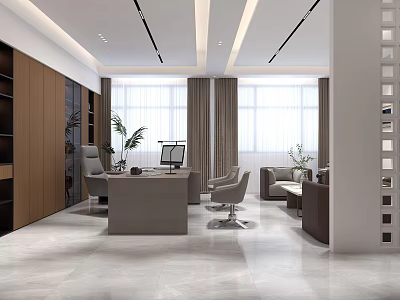 Modern Office Interior Design With Desk Chairs Sofa Large Windows And Plants 3d model