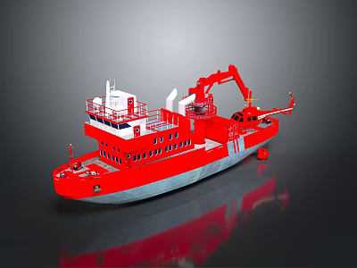 Red Work Vessel With Crane And Upper Deck Structure On Gray Background 3d model