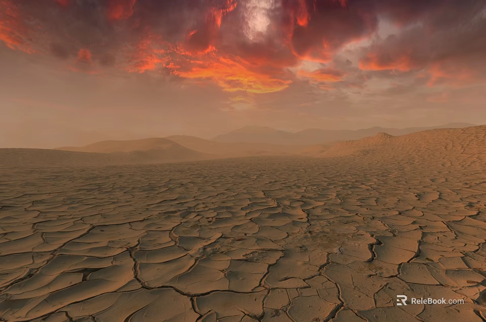 Dry Cracked Land Scenery With Red Orange Clouds And Distant Mountains At Sunset 3d model 