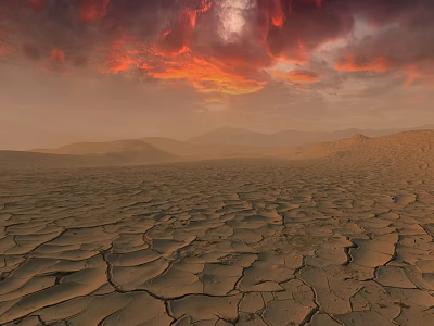 Dry Cracked Land Scenery With Red Orange Clouds And Distant Mountains At Sunset 3d model