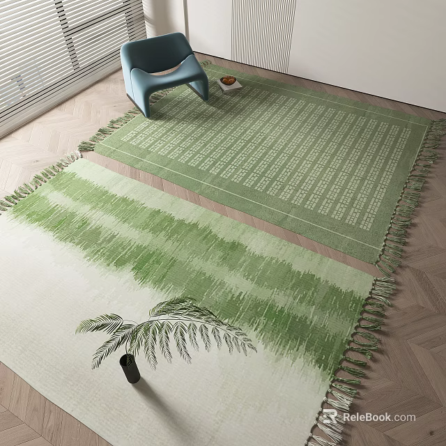 Green And White Square Rug With Striped Gradient Design And Fringe On Wooden Floor Interior 3d model 