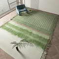 Green And White Square Rug With Striped Gradient Design And Fringe On Wooden Floor Interior