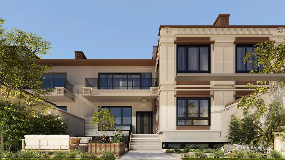 Modern Classic Single Family Villa Exterior With Large Windows Balconies And Landscaped Garden 3d model 