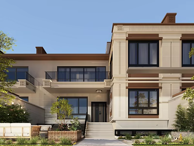 Modern Classic Single Family Villa Exterior With Large Windows Balconies And Landscaped Garden 3d model