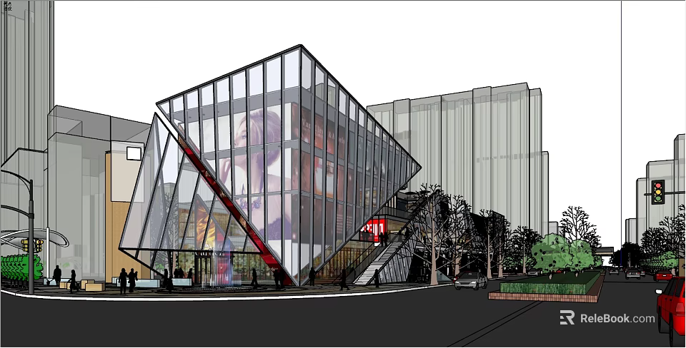 Modern Geometric Glass Building With Red Structure Trees And Pedestrians 3d model