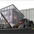 Modern Geometric Glass Building With Red Structure Trees And Pedestrians 3d model