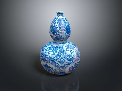 Exquisite Gourd Shaped Ceramic Sculpture Carving With Intricate Blue And White Patterns On Vase 3d model