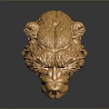 Golden Bear Head Sculpture with Open Mouth Detailed Fur Texture on Dark Background Shiny Reflection
