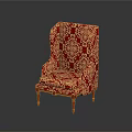 Classic Single Sofa With Red Upholstery Gold Floral Pattern And Wooden Legs