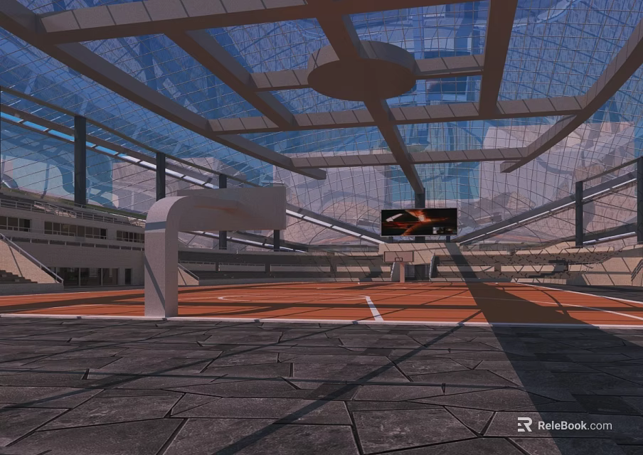 Modern Basketball Court With Glass Roof Metal Frame Basketball Hoop And Wooden Floor 3d model 