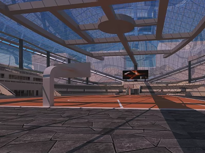 Modern Basketball Court With Glass Roof Metal Frame Basketball Hoop And Wooden Floor 3d model