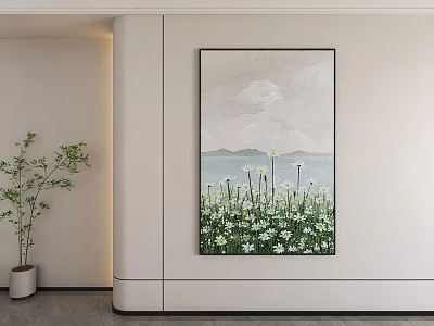 Minimalist Interior Featuring Seaside Landscape Wall Art White Flowers And Green Plant 3d model