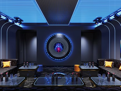 Modern KTV Room Interior With Colorful Lighting Comfortable Sofa And Sound System 3d model