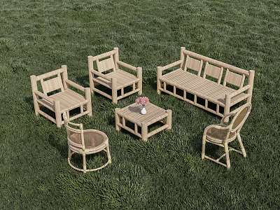 Outdoor Table and Chair Set with Wicker Chairs Wooden Bench and Flower Vase on Grass 3d model