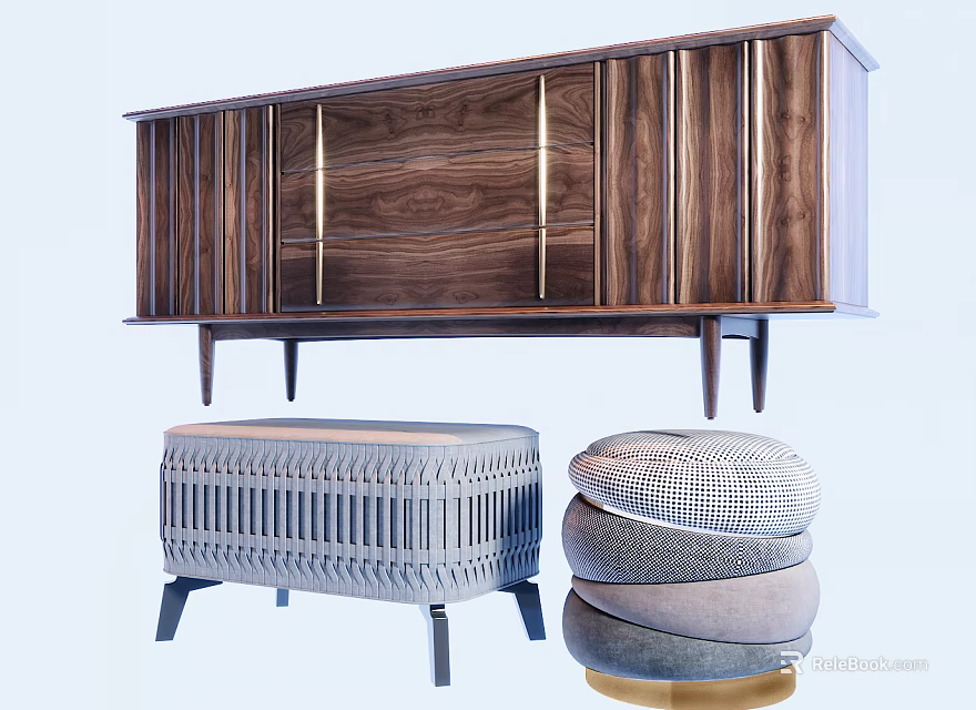 Modern Walnut Wood TV Stand With Cabinet Doors And Tapered Legs 3d model 