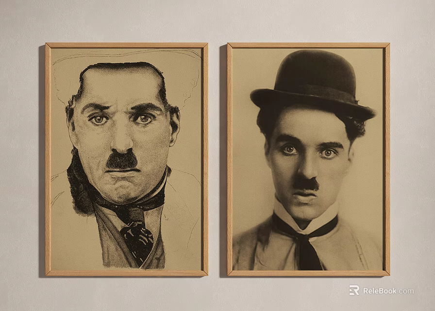 Two Portrait Paintings In Vintage And Sketch Style With Mustache Bow Tie And Bowler Hat 3d model 