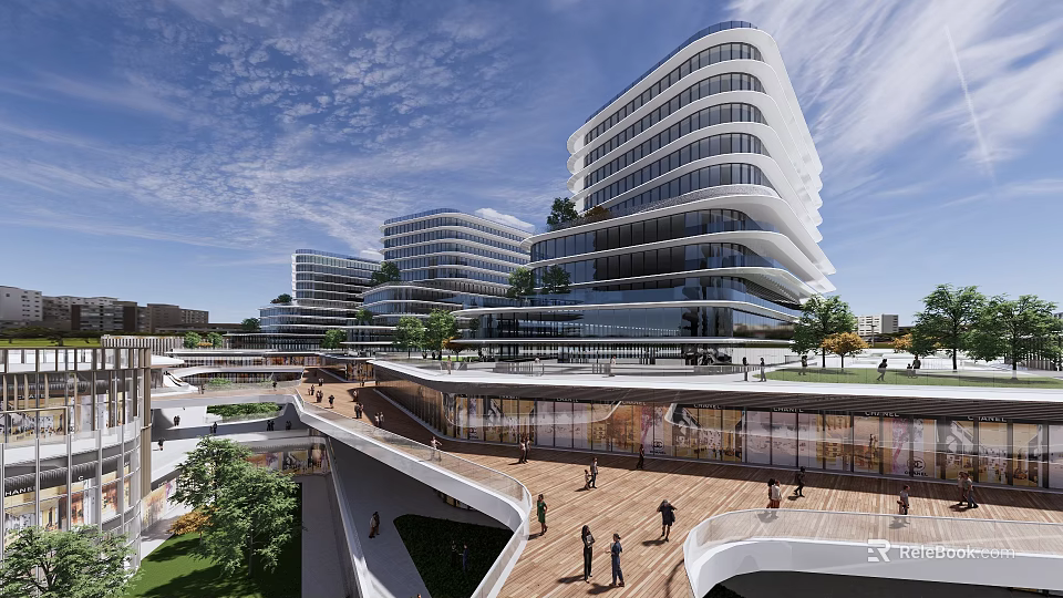 Contemporary Modern Architecture Complex With Glass Facade Open Walkway And Green Urban Space 3d model 