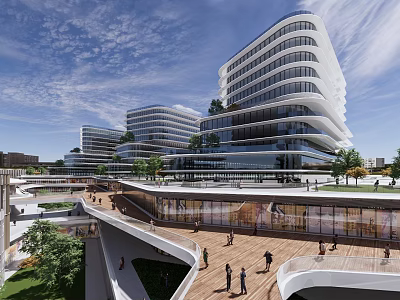 Contemporary Modern Architecture Complex With Glass Facade Open Walkway And Green Urban Space 3d model