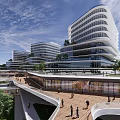 Contemporary Modern Architecture Complex With Glass Facade Open Walkway And Green Urban Space