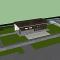 Outdoor Landscape Pavilion With Slatted Roof Green Lawn And Stone Path