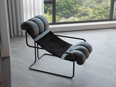 Modern Lounge Chair With Black Metal Frame And Gray Rounded Cushions By Window 3d model