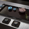 Elegant Tea Set with Dark Tray Mountain Moon Patterns Teapot and Cups on Table 3d model