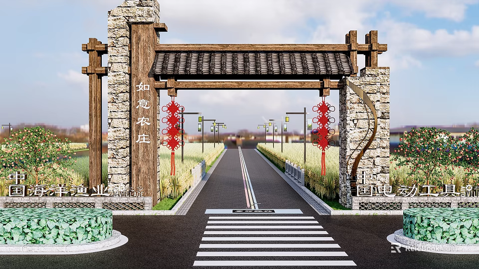Traditional Farmhouse Entrance Gate With Stone Wood Structure Red Lanterns And Rural Road 3d model 