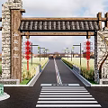 Traditional Farmhouse Entrance Gate With Stone Wood Structure Red Lanterns And Rural Road