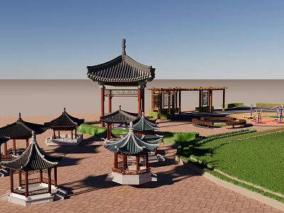 Traditional Chinese Garden Featuring Multiple Pavilions Covered Corridor Brick Paved Ground And Green Lawn 3d model