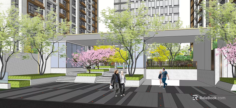 Modern Residential Entrance With Pink Flower Trees Pedestrians And Landscaped Walkway 3d model 